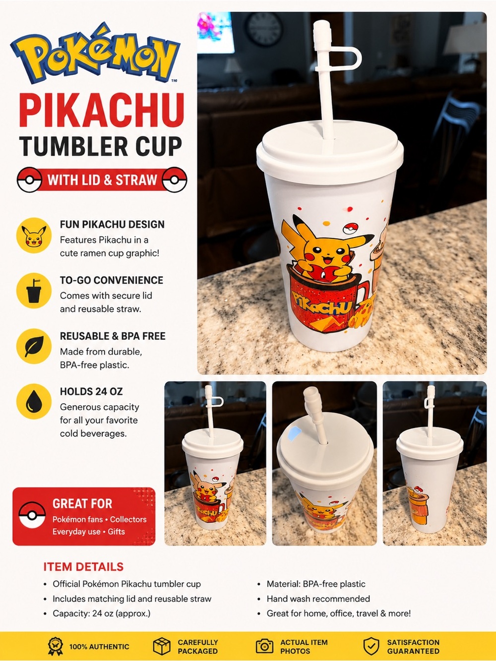Hand Crafted White Pikachu Travel Cup with Lid & Straw